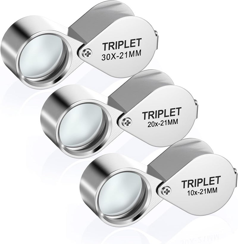 HaiFafafaing 3 Pcs Jewelers Loupe, Jewelry Loop Magnifier, 10X, 20X, 30X Magnification, Foldable Loupe Magnifier for Jewelry, Coins, Stamps, Watches (Silver) - Image 1